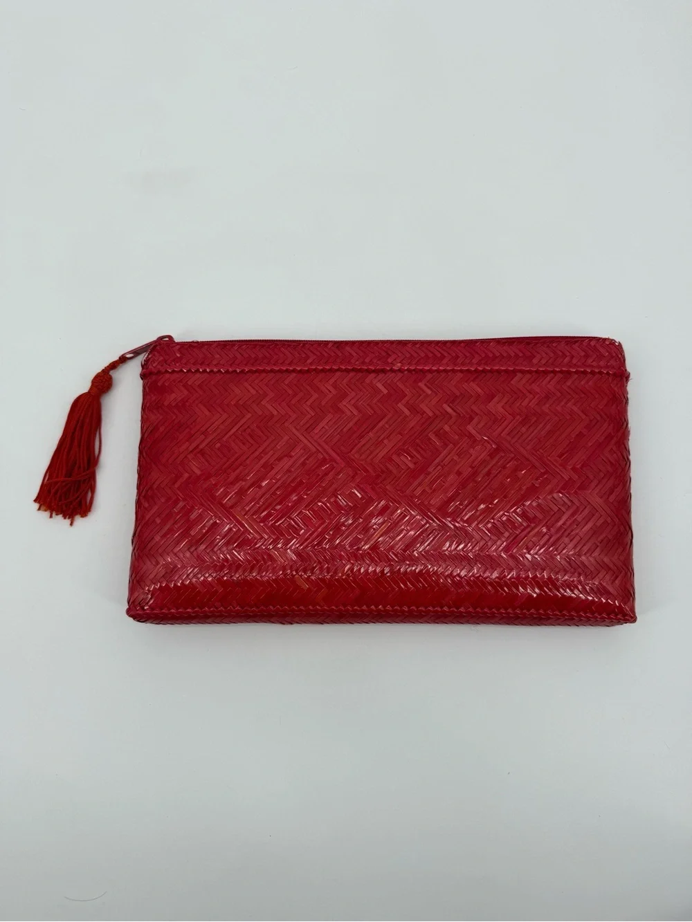 Richard Bienen Red Vintage Wicker Clutch Bag Woven Zipper Tassel Philippines